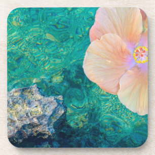 Hibiscus flower turquoise ocean water Hawaiian Coaster