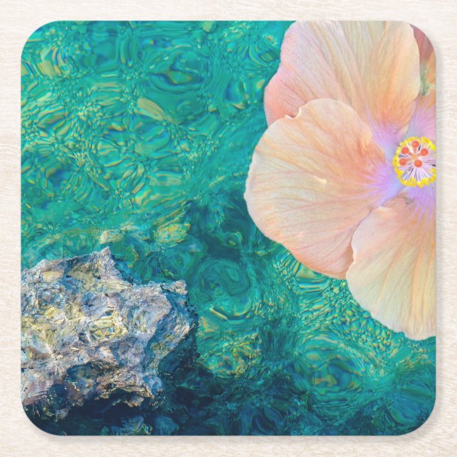 Hibiscus flower turquoise ocean water Hawaiian Square Paper Coaster (Front)