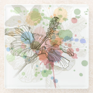 Hibiscus flower & watercolor background glass coaster