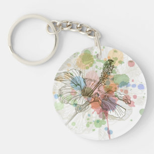 Hibiscus flower & watercolor background key ring