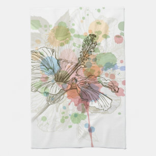 Hibiscus flower & watercolor background tea towel