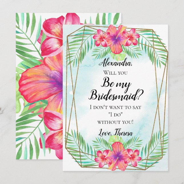 Hibiscus Flower Watercolor Beach Be my Bridesmaid Invitation (Front/Back)