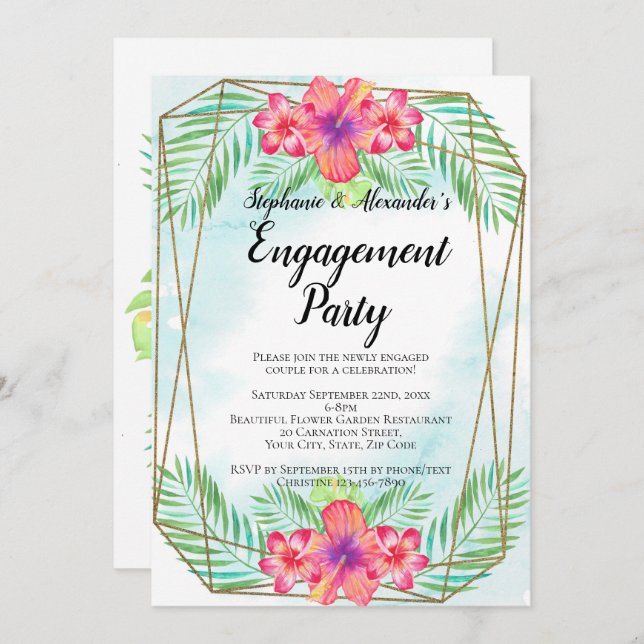 Hibiscus Flower Watercolor Beach Engagement Party Invitation (Front/Back)