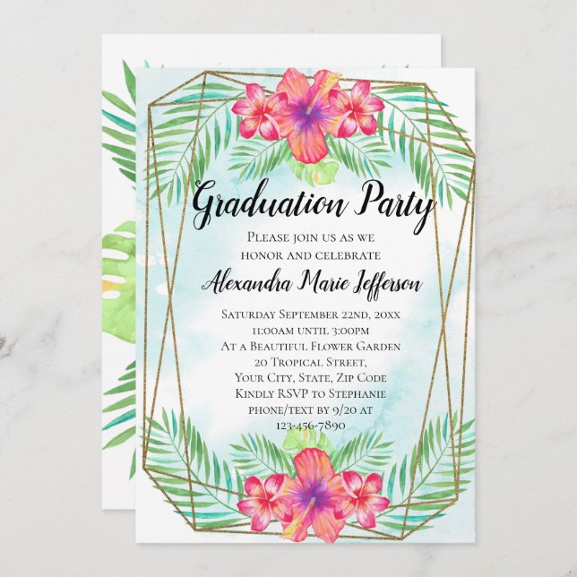 Hibiscus Flower Watercolor Beach Graduation Party Invitation (Front/Back)
