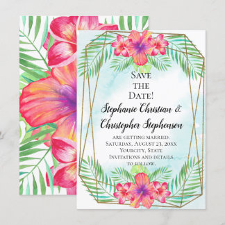 Hibiscus Flower Watercolor Beach Save the Date Invitation