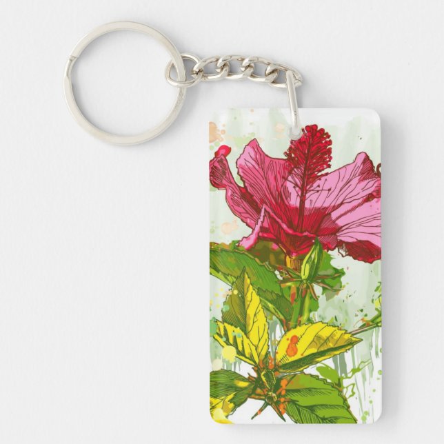 Hibiscus flower - watercolor paint key ring (Front)