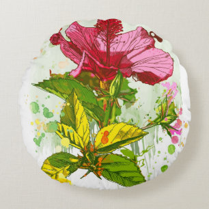 Hibiscus flower - watercolor paint round cushion