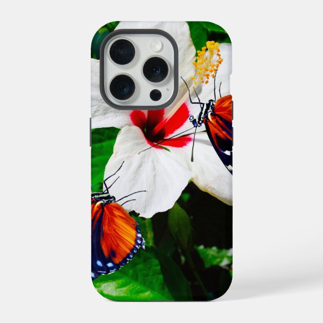 Hibiscus flower with 2 Tiger Longwing butterflies iPhone Case (Back)