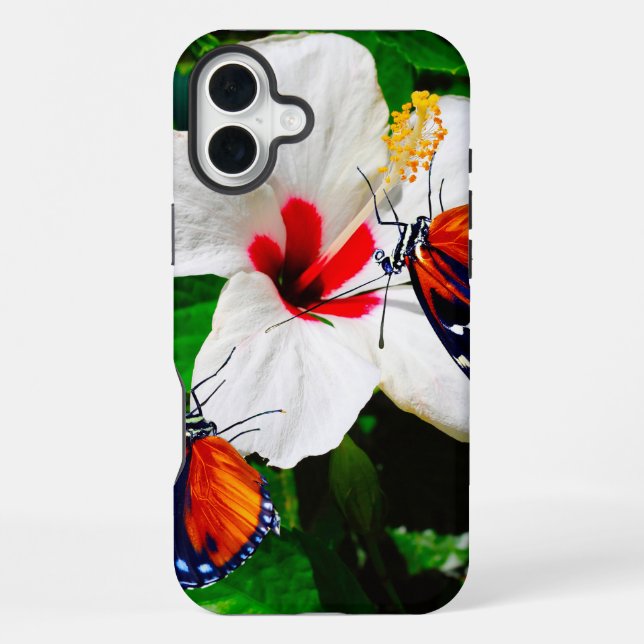 Hibiscus flower with 2 Tiger Longwing butterflies iPhone Case (Back)