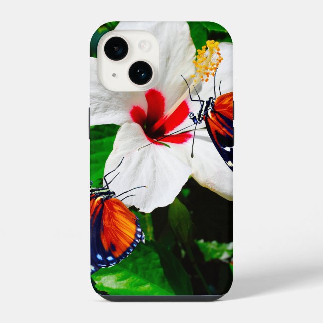 Hibiscus flower with 2 Tiger Longwing butterflies iPhone Case (Back)