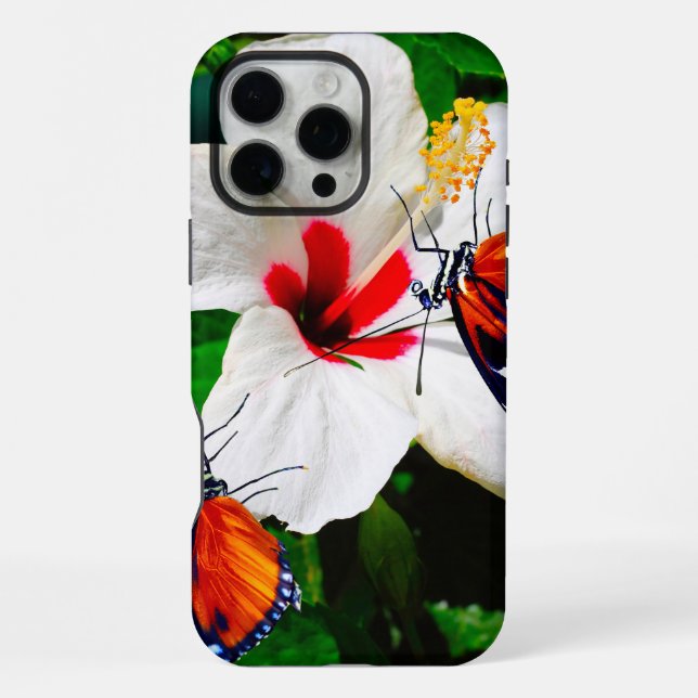 Hibiscus flower with 2 Tiger Longwing butterflies iPhone Case (Back)