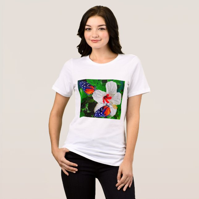 Hibiscus flower with 2 Tiger Longwing butterflies Tri-Blend Shirt (Front Full)