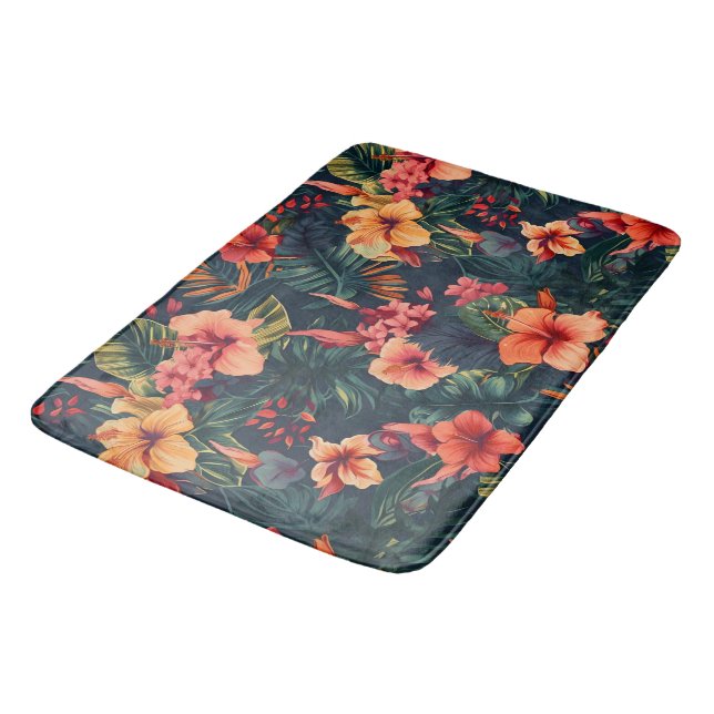 Hibiscus Flowers, A Tropical Floral Pattern Bath Mat (Angled)