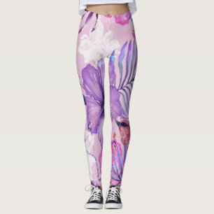 Hibiscus flowers and hummingbird: purple seamless  leggings