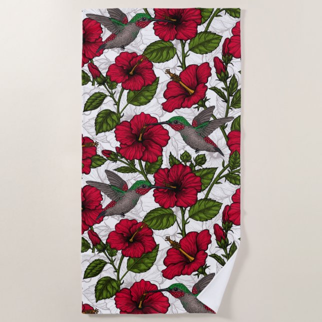 Hibiscus flowers and hummingbirds beach towel (Front)