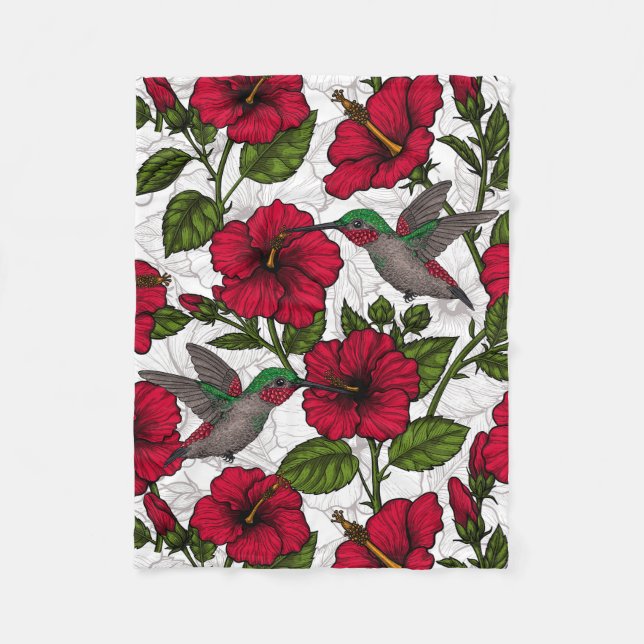 Hibiscus flowers and hummingbirds fleece blanket (Front)