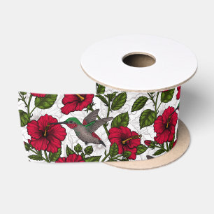 Hibiscus flowers and hummingbirds satin ribbon