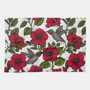 Hibiscus flowers and hummingbirds tea towel