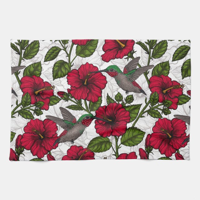 Hibiscus flowers and hummingbirds tea towel (Horizontal)