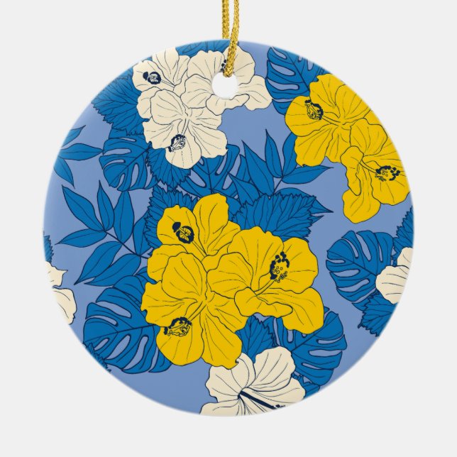 Hibiscus flowers and leaves  ceramic ornament (Front)