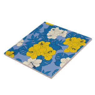 Hibiscus flowers and leaves ceramic tile