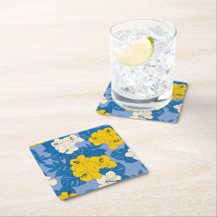 Hibiscus flowers and leaves square paper coaster