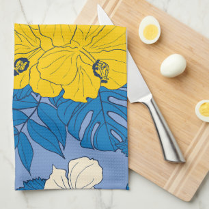 Hibiscus flowers and leaves   tea towel