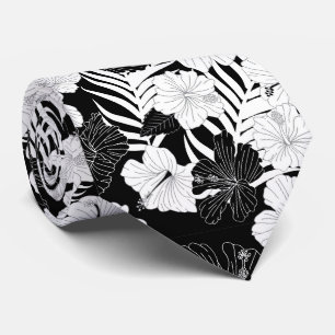Hibiscus Flowers Black White Hawaiian Wedding Tie
