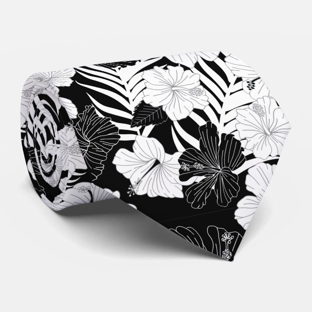 Hibiscus Flowers Black White Hawaiian Wedding Tie (Rolled)