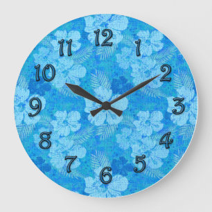 Hibiscus Flowers Blue Batik Look Large Clock