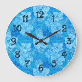 Hibiscus Flowers Blue Batik Look Large Clock