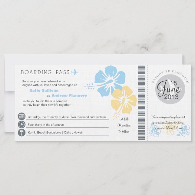 Hibiscus Flowers Boarding Pass Wedding Invitation (Front)