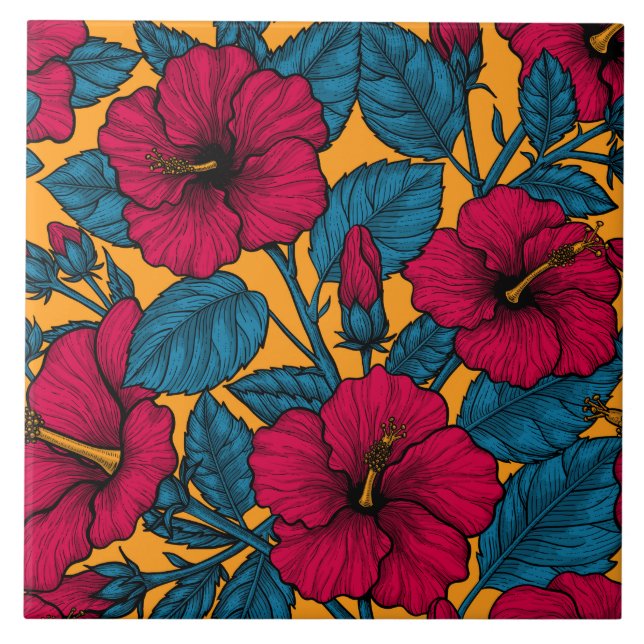 Hibiscus flowers ceramic tile (Front)
