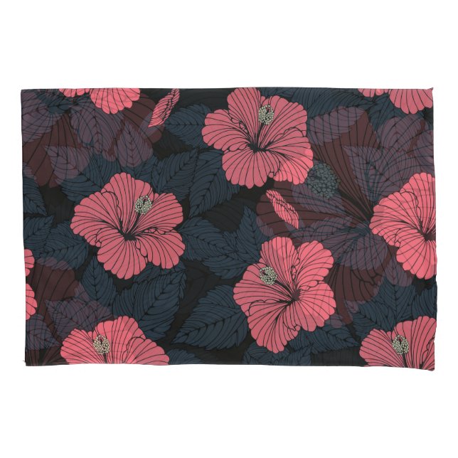 Hibiscus flowers: dark seamless wallpaper. pillowcase (Front)