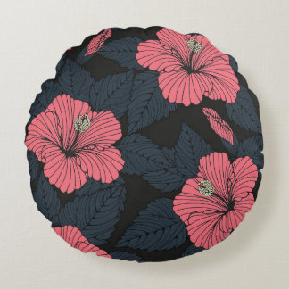 Hibiscus flowers: dark seamless wallpaper. round cushion