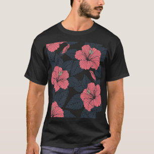 Hibiscus flowers: dark seamless wallpaper. T-Shirt