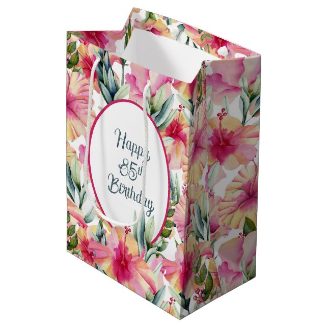 Hibiscus Flowers for 85th Birthday Medium Gift Bag (Front Angled)