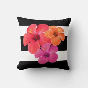 Hibiscus Flowers On Black-White Stripes Cushion