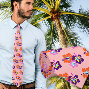 Hibiscus Flowers Pattern Pink Floral Grooms tie