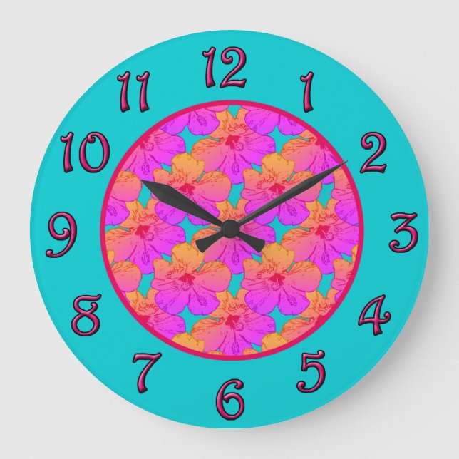 Hibiscus Flowers Pink on Turquoise Large Clock (Front)