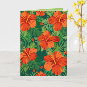 Hibiscus Flowers Red Orange Green Jungle Foliage Card