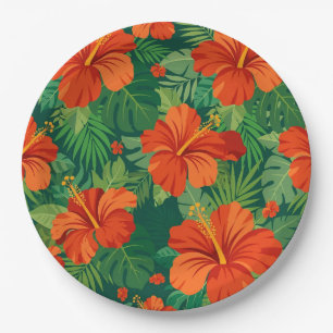 Hibiscus Flowers Red Orange Green Jungle Foliage Paper Plate