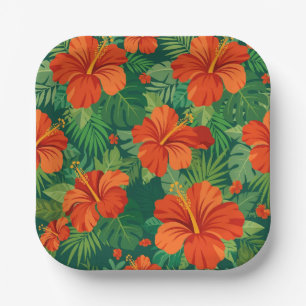 Hibiscus Flowers Red Orange Green Jungle Foliage Paper Plate
