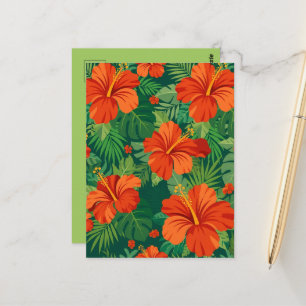 Hibiscus Flowers Red Orange Green Jungle Foliage Postcard