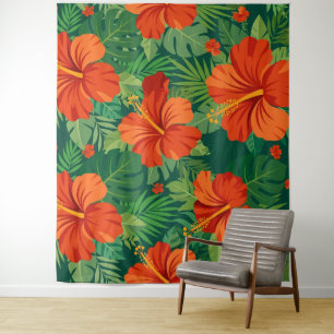 Hibiscus Flowers Red Orange Green Jungle Foliage Tapestry