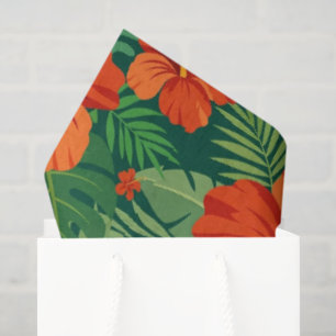 Hibiscus Flowers Red Orange Green Jungle Foliage  Tissue Paper
