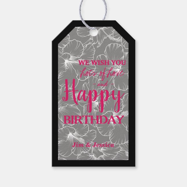 Hibiscus Flowers Sketch Black Gift Tags (Front)
