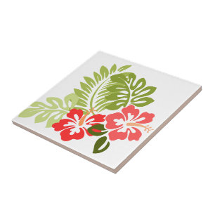 Hibiscus Flowers w/Greens; Style1:Right Facing Ceramic Tile