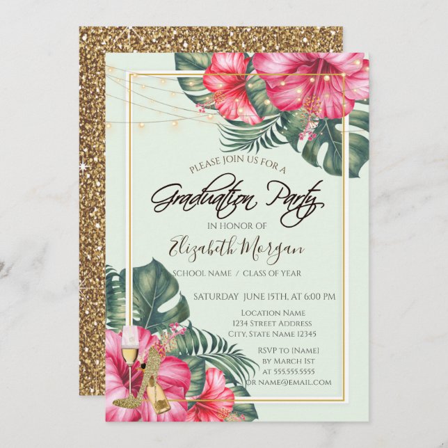 Hibiscus,Gold Heels Glitter Graduation Invitation (Front/Back)