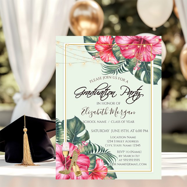 Hibiscus,Gold Heels Glitter Graduation Invitation (Creator Uploaded)